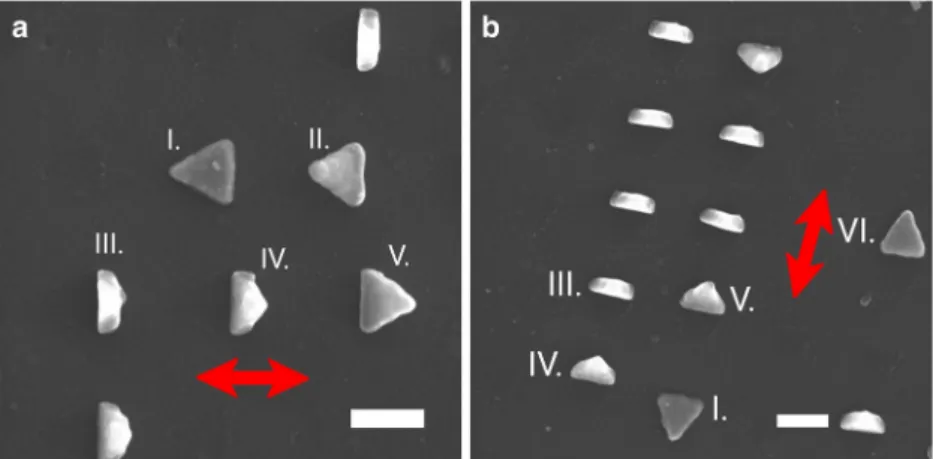 Fig. 6 a, b Two typical images of the nanotriangle array after irradiation with nanoparticle hot spot detachment (scale bar 200 nm)