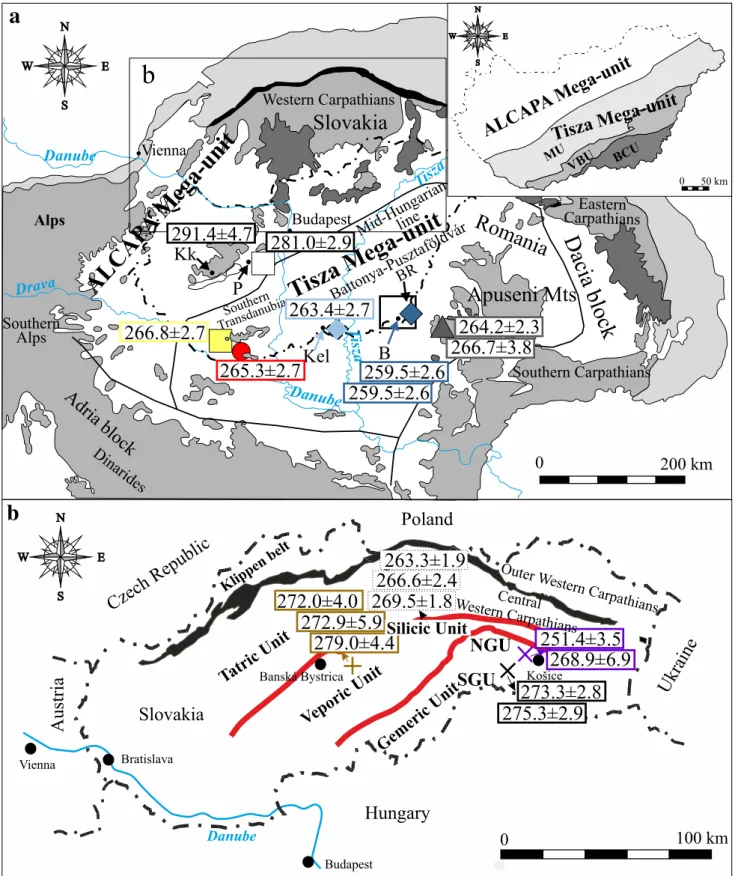 Fig. 10    Permian felsic magmatic events in the Carpathian–Pannon- Carpathian–Pannon-ian region (a) displayed by weighted mean ages (Ma), highlighting  crustal-scale superunits of the Western Carpathians and  representa-tive ages (b, modified after Kohút 