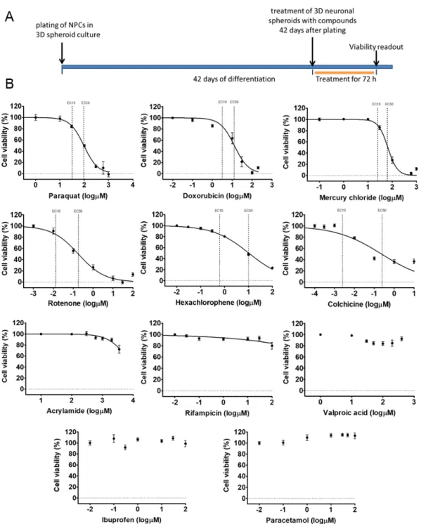 Figure 7. Cell viability measurement on D42 3D neurospheres after 72 h exposure with toxicants