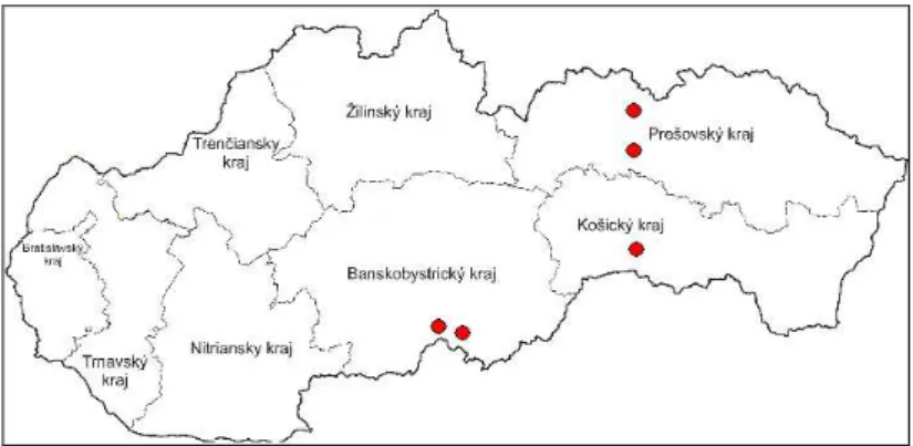 3. ábra. A Mizser és alakváltozatainak nyelvföldrajza Szlovákiában  1995-ös állapotok szerint (az adatok forrása: http://slovnik.juls.savba.sk/) 