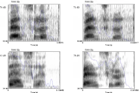 A 8. ábra két felsı képén az 1. ikerpár, két lenti képén a 3. testvérpár két tagjának ejtésérıl  készült széles sávú spektrogramok láthatók 5000 Hz-ig, a kék vonal pedig a  hangsoron belüli  intenzitásviszonyokat mutatja dB-ben