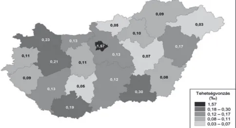 3. ábra: A megyék fajlagos tehetségvonzása 1867–1990 között Magyarországon (Győri, 2011)