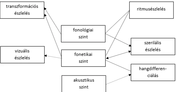 1. ábra: A beszédészlelés hierarchikus szintje (Gósy, 2000. 23.) A fejlődés az automatikus működésektől indul (Gósy, 2007)