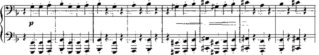 Jellemző a staccato menetek gyakori alkalmazása (4. és 5. ábra), ezáltal szinte „csontzene” 