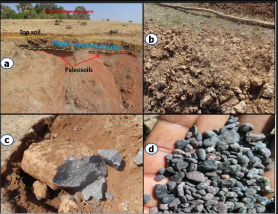 Fig. 3. Photographs of topsoil, weathered rocks and paleosoil (a), weathered soil and regolith from a 7 m deep hand-dug well (b), A 0.5 m deep vesicular basalt rock  sample no.1 (c) and drill cutting from 140 m within borehole K01 (d)
