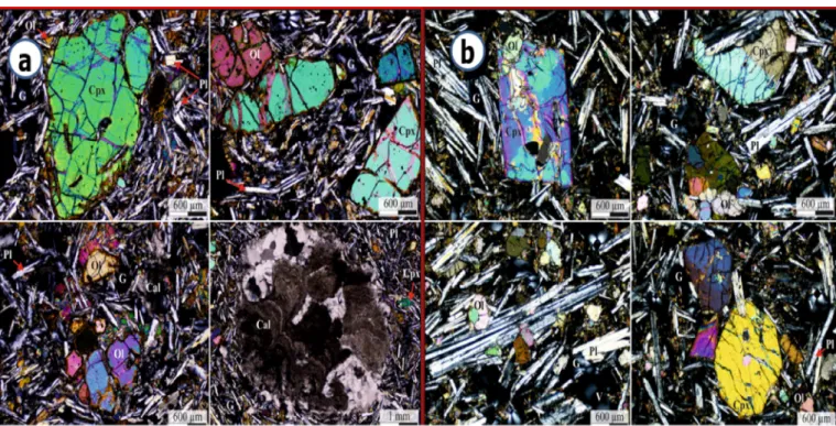 Fig. 4. Microscope images of thin sections from rock sample No.1(a) and No.2(b). Ol-olivine, Cpx- Clinopyroxene, Pl-plagioclase, Cal-calcite, G -glass