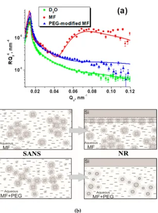 Figure 15. (a) Neutron reflectometry data for initial aqueous ferrofluids, PEG-modified ferrofluids  and just buffer (D2O) at interface with solid (Si)