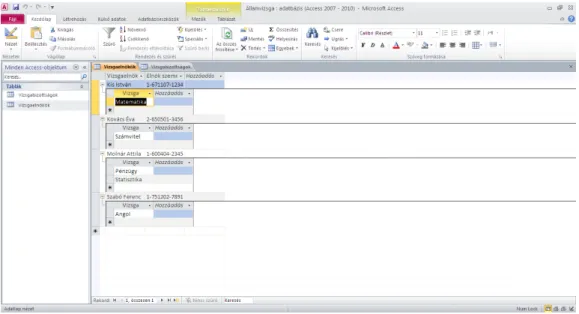 9. ábra: Tábla Adatlap nézetben segédtáblával