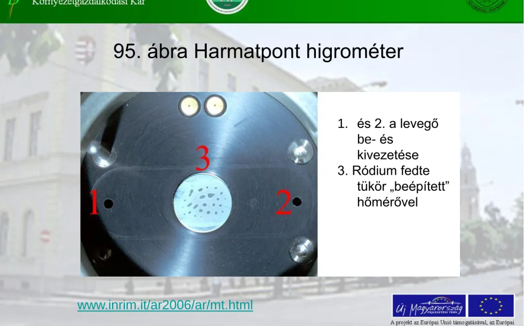 95. ábra Harmatpont higrométer  1. és 2. a levegő  be- és  kivezetése  3. Ródium fedte  tükör „beépített”  hőmérővel  www.inrim.it/ar2006/ar/mt.html 