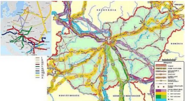 1-11. ábra Páneurópai folyosók és magyarországi szakaszaik