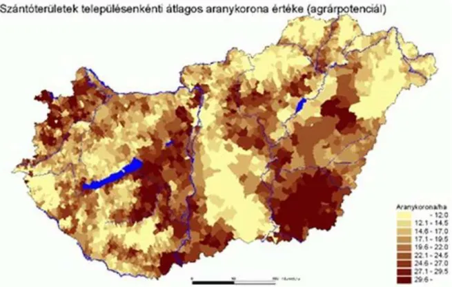 4. ábra: Magyarország szántóterületeinek átlagos aranykorona értéke  Forrás: tankonyvtar.hu 