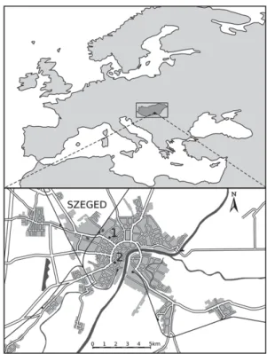 Figure 1   Location of Hungary in Europe (upper panel) and  the map of Szeged with the locations of 1 - the  meteorological monitoring station and 2 -  aerobiological station (lower panel)