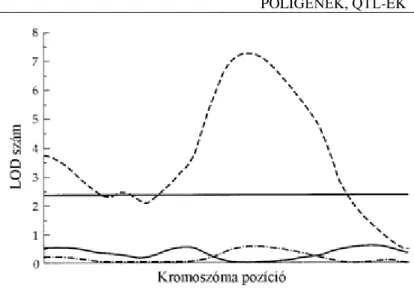 3.4. ábra A QTL helyének meghatározása valószínűségi térképen (Paterson és mtsai, 1988) A LOD szám (likelihood of odds) egy meghatározott r rekombinációs gyakoriság esetén a következő: