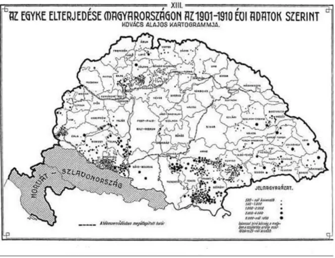 Kovács Alajosnak az 1901–1910 közötti népmozgalmi adatok alapján készített „egyke térképe” (4.12