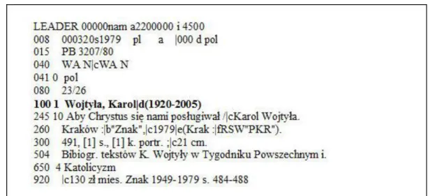 16. kép  A MARC 21 formátumú rekord a lengyel nemzeti könyvtár katalógusában  