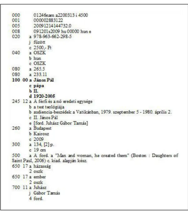 19. kép  A bibliográfiai rekord megjelenítése HUNMARC-formátumban az OSZK  katalógusában 