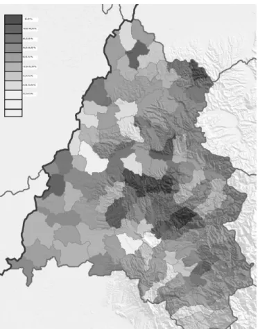 9. ábra: A nő-férfi arány (a világos árnyalatok a nők, a sötétek a férfiak magasabb  arányát jelzik)(Forrás: Saját készítésű térkép) 