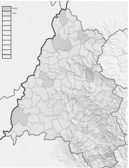 3. ábra: Városi és rurális önkormányzatok Biharban (Forrás: saját szerk.) Hagyományosan  jelentős  különbségek  mutathatóak  ki  a  megye  területén  élő  népcsoportok  demográfiai  viselkedésében,  sőt  az  egyes  tájegységek  között  is  jelentős  különb