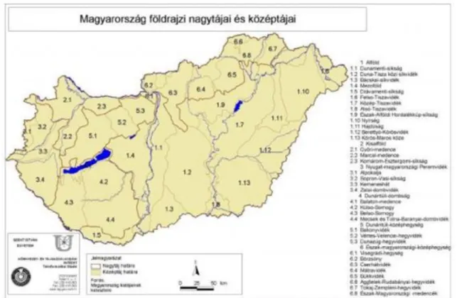 11-10. ábra Magyarország földrajzi nagytájai és középtájai (Kohlheb-Podmaniczky-Skutai, 2009).