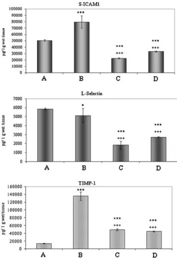 Fig. 3 Cytokine array showing the appearance on various cytokines in control intestine (a) and in small bowel tissue exposed 6 h cold storage in UW (b) or 6 h cold preservation in PACAP-38-containing UW solution (c) and subsequent 3 h reperfusion period (d
