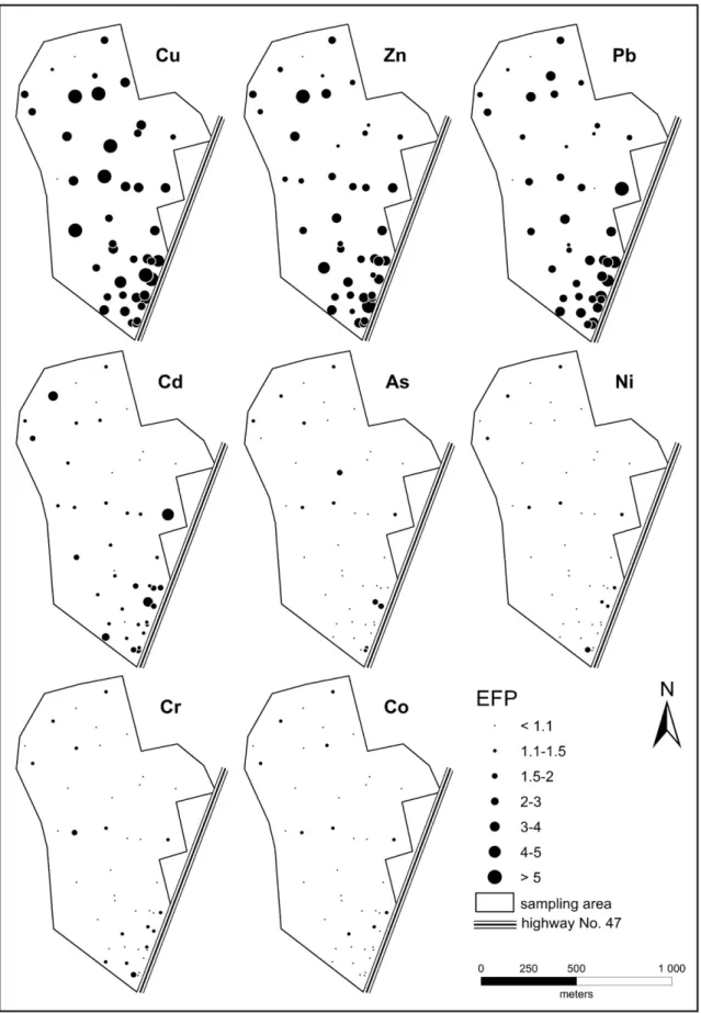 Fig. 6. The spatial distribution of pedological enrichment factor (EFP Ti ) calculated using Ti as reference element.