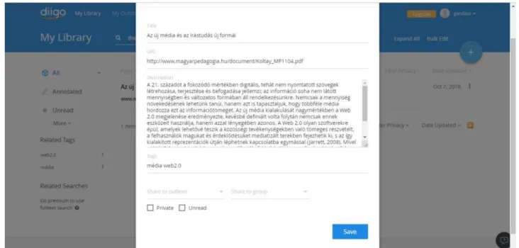4. ábra: A könyvtári tételek adatainak a mentése a diigo.com alkalmazásban    