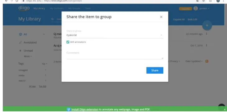 7. ábra: A könyvtári tétel megosztása a diigo.com alkalmazásban    