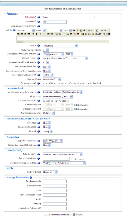 19. ábra:  Kurzusbeállítások szerkesztése 