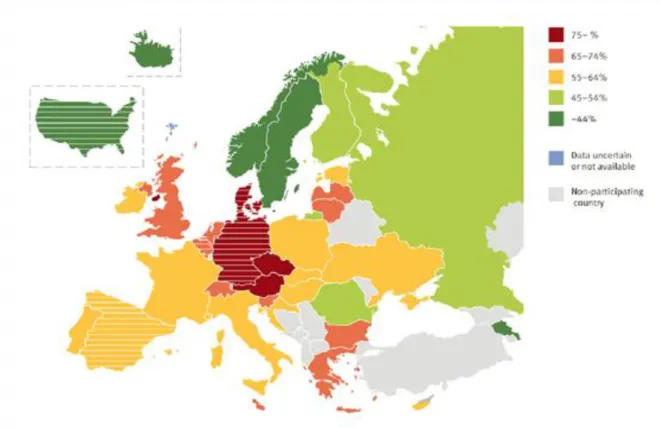 11. ábra Az alkoholfogyasztás előző havi prevalencia értéke Európában – 16 évesek (Hibell és társai 2009:67)