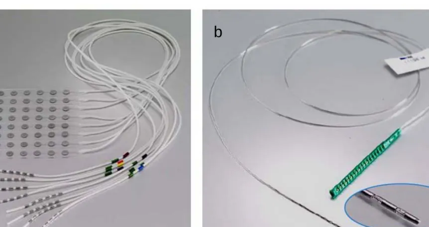 Fig. 8.  a. Electrode grid (8x8) for recording from the cortical surface   b. Multielectrode for recording from the deep brain structures 