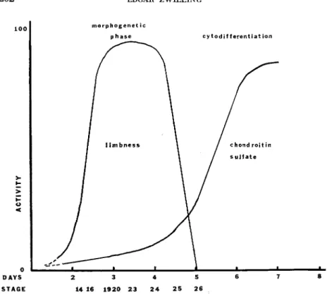 FIG. 12. Diagram which represents relative activities of both morphogenetic  phase and synthesis of chondroitin sulfate against a time axis