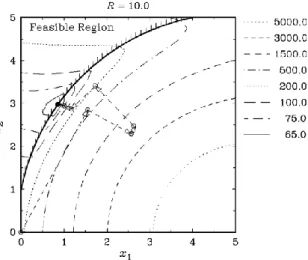 Figure 4.4: Intermediate points obtained using the steepest descent method for the penalized function with R = 10.0  (solid lines near the true optimum)