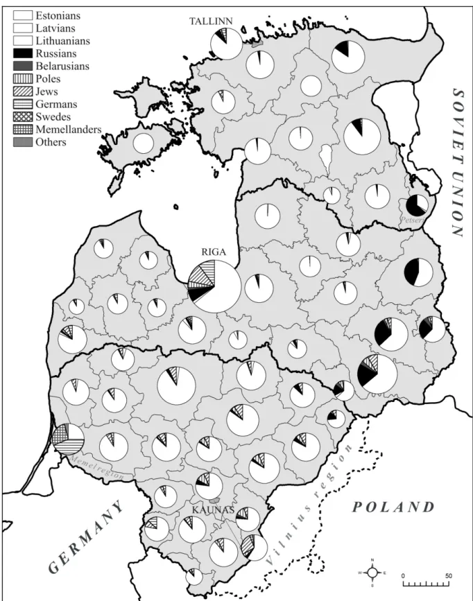 Figure 4. Ethnic structure of the Estonia (1934), Latvia (1935) and Lithuania (1923) by counties