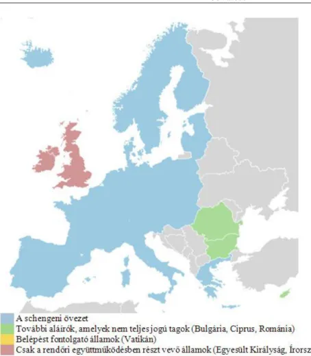 13. ábra: A schengeni övezet országai. Forrás: http://hu.wikipedia.org/wiki/Schengeni_egyezm%C3%A9ny A  közös  pénz  bevezetése  a  Maastrichti  Szerződésben  előírt  Gazdasági  és  Monetáris  Unió  (GMU)  legvégső  célja volt