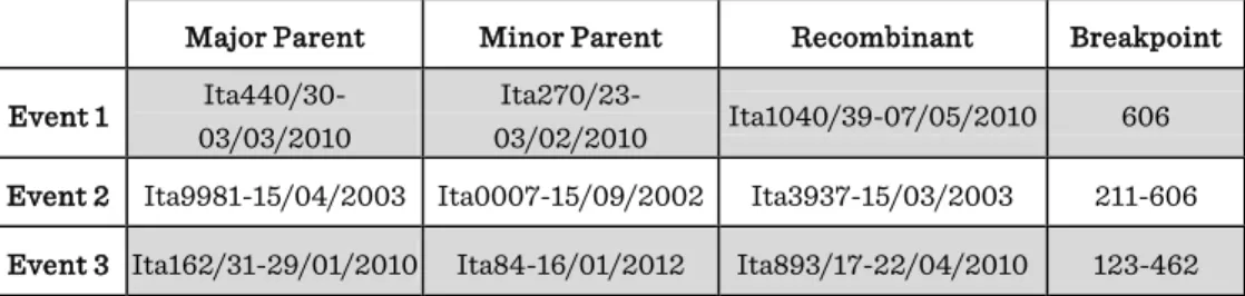 Table List of recombinant sequences and respective parents.  