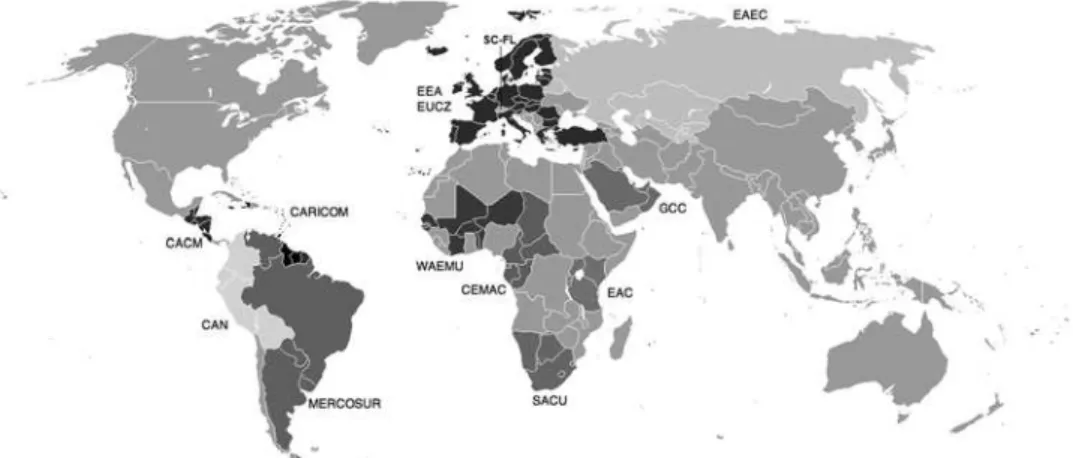 2. térkép:  Vámunió-övezetek a világgazdaságban.