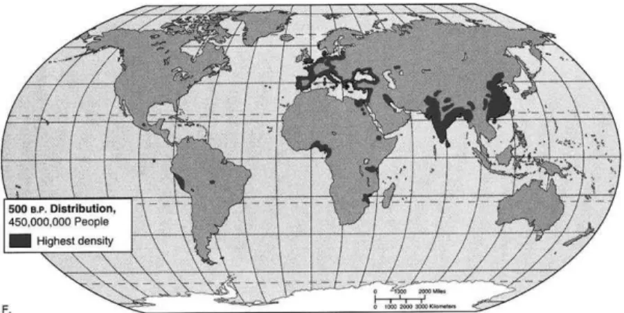1. ábra: a népesség eloszlása a XVI. században (Forrás: John Allen, Student Atlas  of Anthropology)
