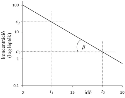 5. ábra: A 4. ábrán bemutatott függvény logaritmikus léptékű y tengely mellett. A  függvény egy (t 1 ; c 1 ) és egy (t 2 ; c 2 ) pontját kijelöltük (a részleteket lásd a szövegben)