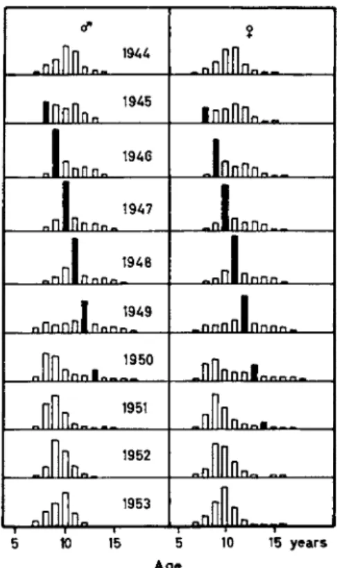 FIG.  9 . Age distribution of the Norwegian cod landings for the years  1 9 4 4 - 1 9 5 3  (Rollefsen,  1 9 5 4 ) 