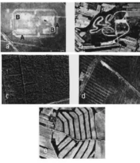 4-2. ábra Egyes interpretációs elemek ábrázolása űr- és légifelvételeken (a képek részletei FÖMI kiadványokból  és a FÖMI archívumából származnak