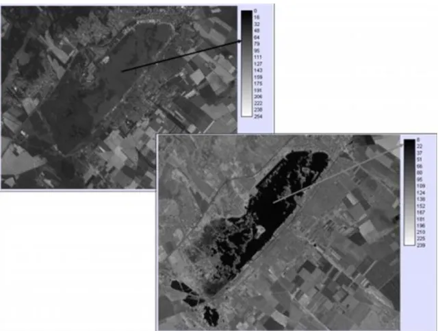 6-10. ábra A vízfelszínhez tartozó intenzitás értékek csökkenése a hullámhossz növekedésével látható a SPOT  felvétel két sávján - SPOT 2 (látható) és 3 (közeli infravörös) - felvételen