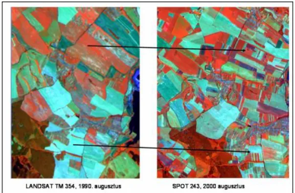 4-2. ábra A talajművelési formában (kis- és nagytáblás művelés) bekövetkezett változások a privatizáció  hatására (1990-ben és 2000-ben készült űrfelvételek)