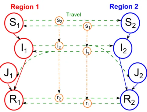 Figure 1: Flow chart of disease transmission and travel dynamics. The disease trans- trans-mission in the two regions is shown in two different columns, the disease progresses vertically from the top to the bottom (solid arrows)
