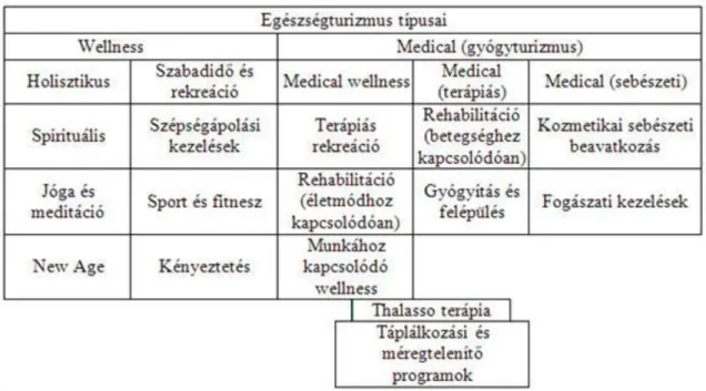 1. ábra: Egészségturizmus válfajai (egészségipar és egészség szolgáltatások). (Forrás: Smith-Puczkó)