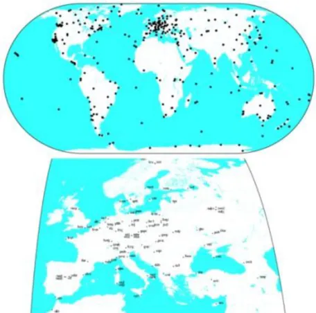 5-1. ábra. Az IGS világméretű állomáshálózata és az egyórás adatszolgáltatásban résztvevő európai állomásai  2010 januárjában