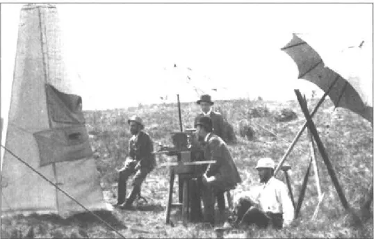 Fig. 4:  The  first  Eötvös  torsion balance field measurement in 1891  on Ság Hill  (in Hungary),  from Szabó (1988)