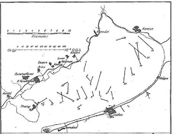 Fig. 5:  The  first  gravity horizontal gradient map based  upon measurements between  1901 -1903  on the frozen Lake Balaton  (from Szabó, 1988)