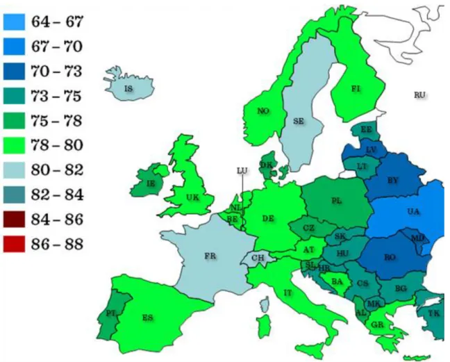 I.1-3. ábra: A születéskor várható élettartam különböző európai országokban