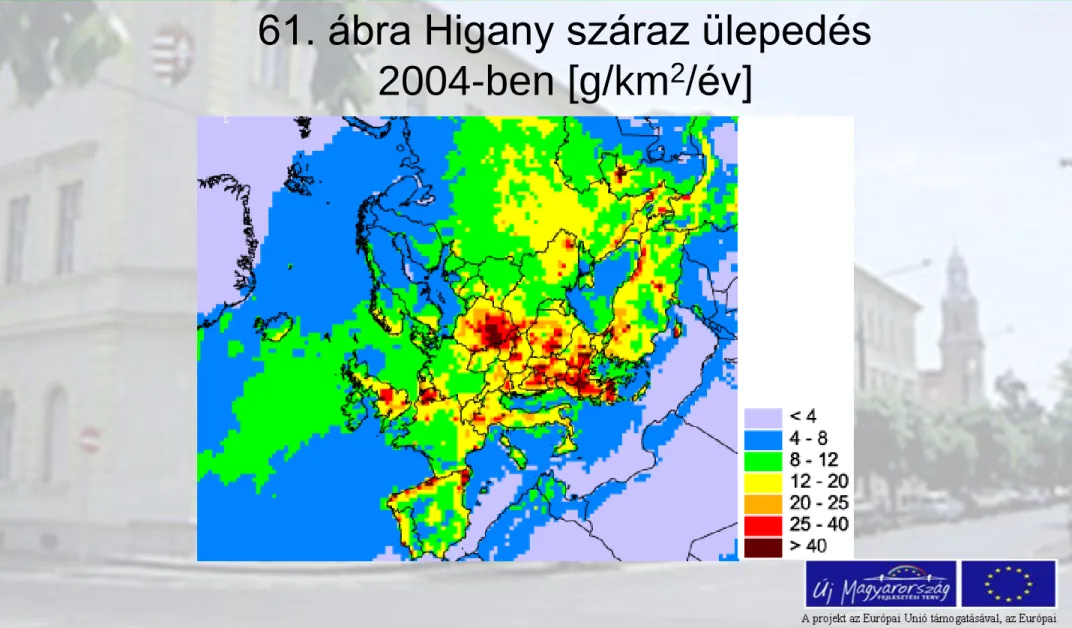 61. ábra Higany száraz ülepedés  2004-ben [g/km 2 /év] 