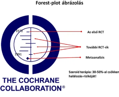 2. ábra: A Cochrane Collaboration logóját is adó faso (Forest plot) ábrázolás  A Forest pl ot  ábrázolás  rendkívül  kifejező,  gyakorló  szakember  számára  gyors  áttekintést  biztosító  megjelenítésre  láthatunk  még  egy  példát  a  következő  ábrán  (